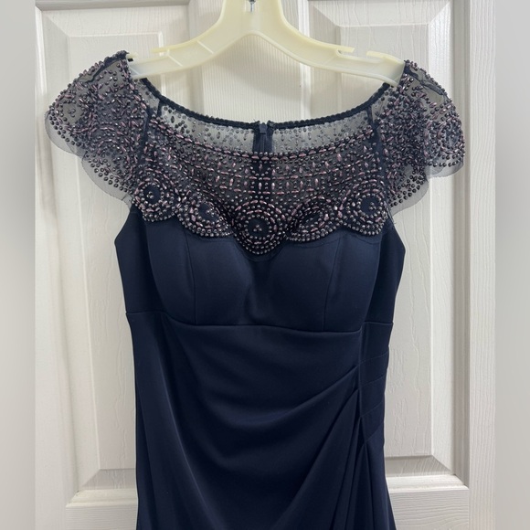 Xscape Navy Dress with Beaded Shoulders - Picture 4 of 13